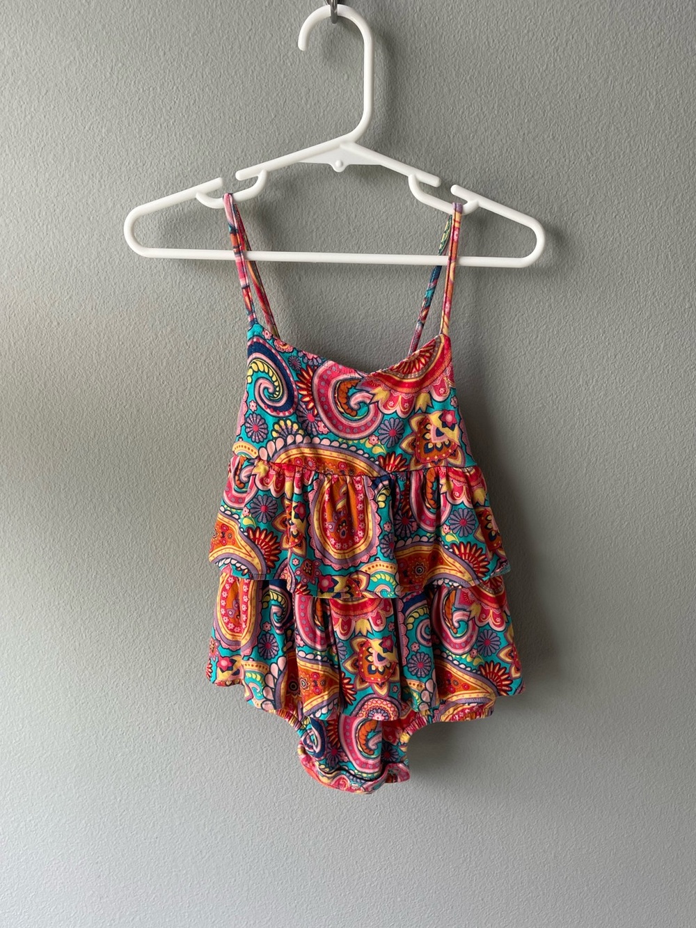 Posh Peanut Colorful Paisley Ruffle One-Piece Strappy Bubble Romper